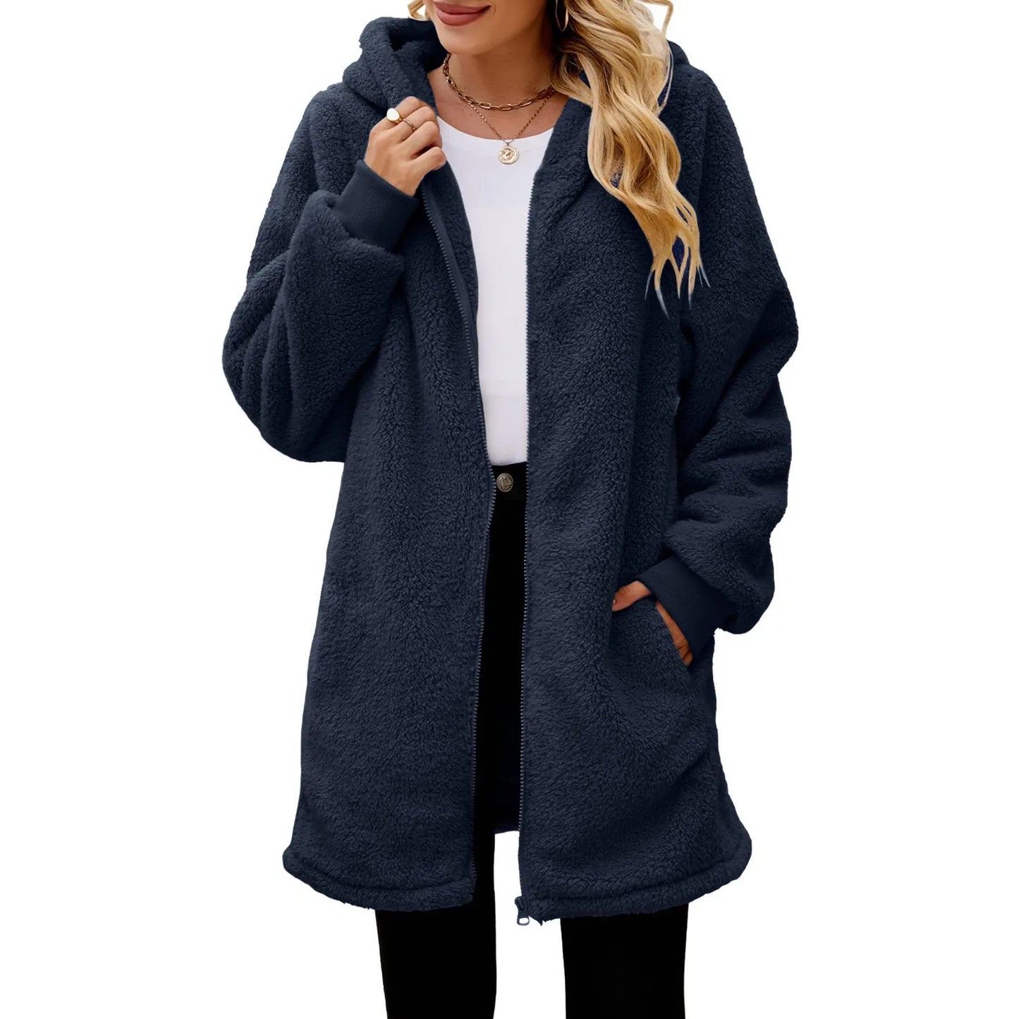 Women's Oversized Plush Jacket Solid Color-Outerwear