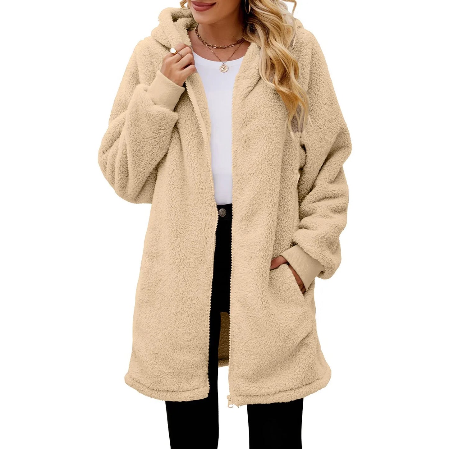 Women's Oversized Plush Jacket Solid Color-Outerwear