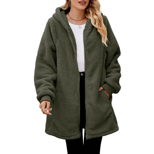 Women's Oversized Plush Jacket Solid Color-Outerwear