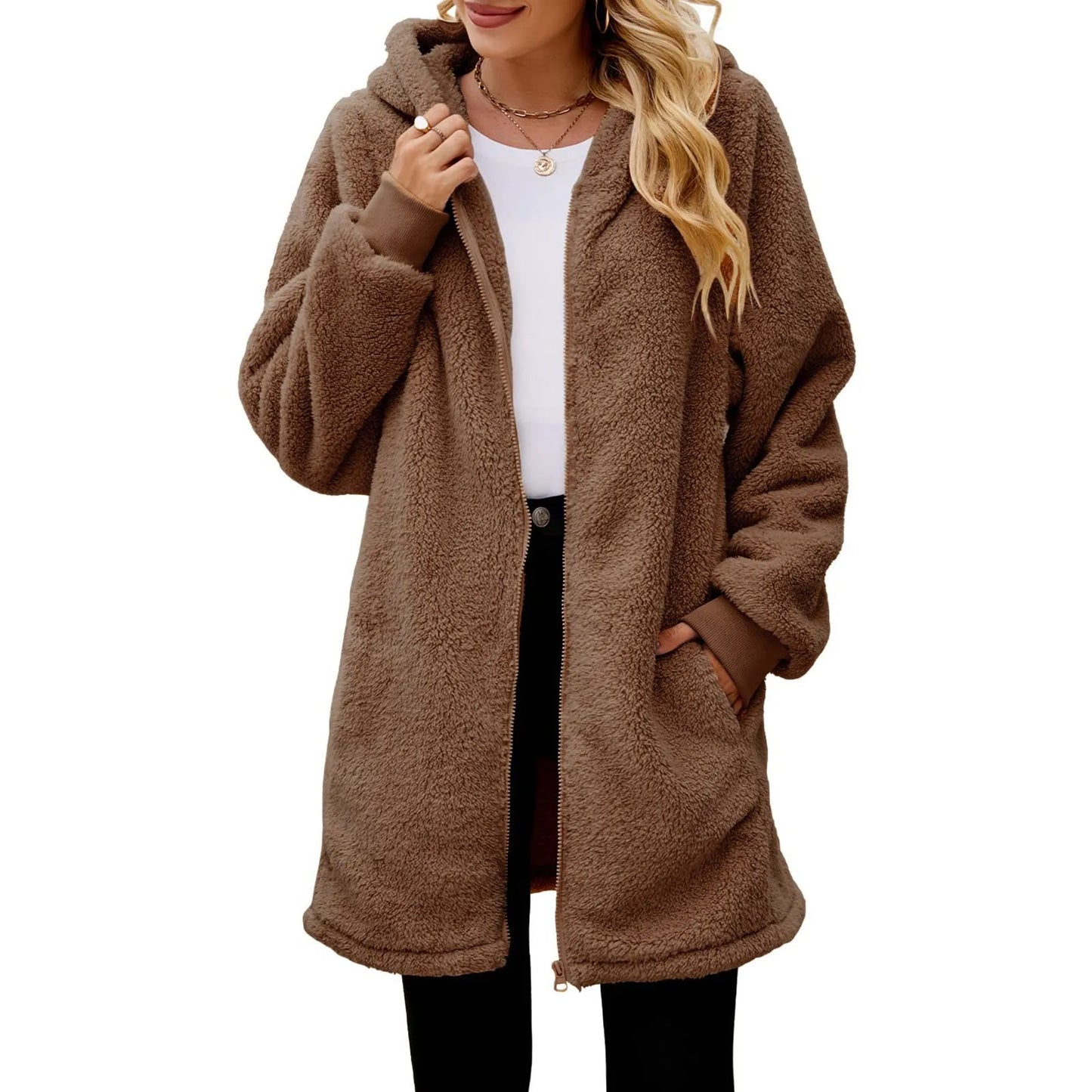 Women's Oversized Plush Jacket Solid Color-Outerwear