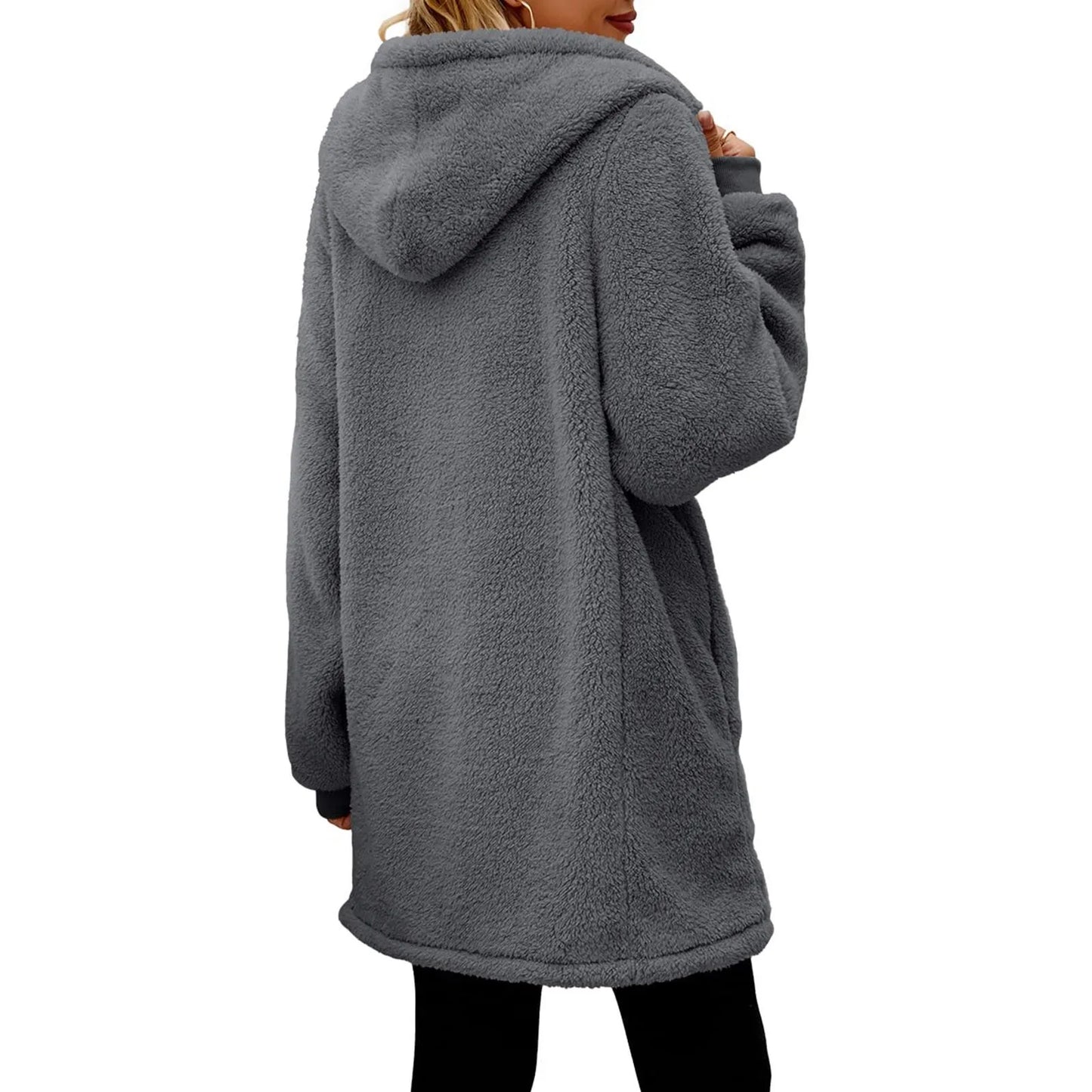 Women's Oversized Plush Jacket Solid Color-Outerwear